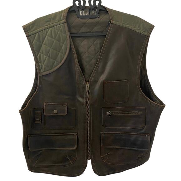 Vintage Gap Leather / Quilted Green Cotton Safari Hunting Vest Size XL - Picture 1 of 6